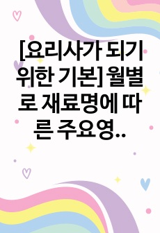 [요리사가 되기 위한 기본]월별로 재료명에 따른 주요영양성분/효능/주요생산지는 어디인지/용도와 궁합에 맞는 음식은 무엇인지(400개정도정리)와 월별 제철식품 제철음식 등을 정리해놓음.